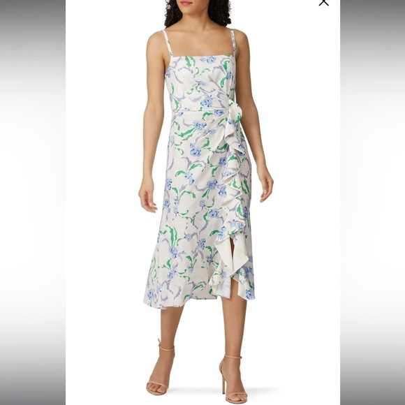 Prabal Gurung Collective Floral Side Ruffle Dress White Blue Formal Spring 10 - Picture 1 of 11